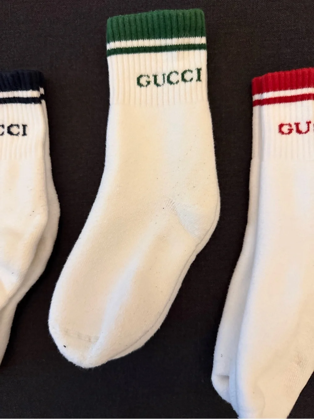 Men’s Gucci White Crew Ankle Socks with Black, Green and Red Trim - Set of 3